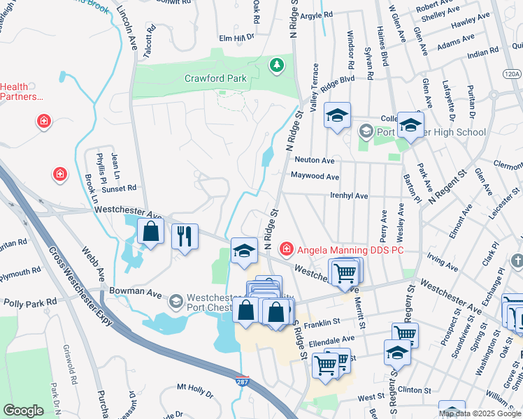 map of restaurants, bars, coffee shops, grocery stores, and more near 50 North Ridge Street in Rye Brook