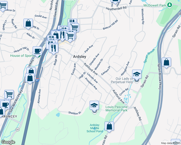map of restaurants, bars, coffee shops, grocery stores, and more near 37 Lincoln Avenue in Ardsley