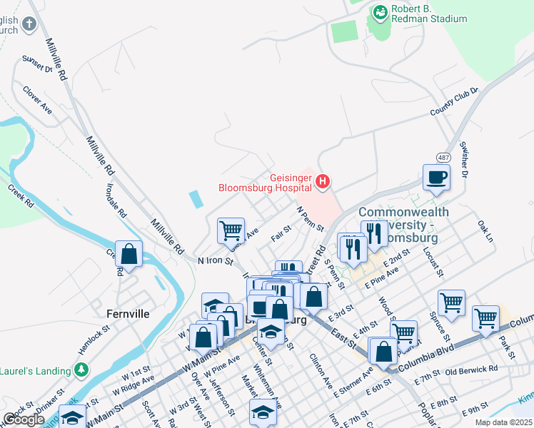 map of restaurants, bars, coffee shops, grocery stores, and more near 309 Glenn Avenue in Bloomsburg