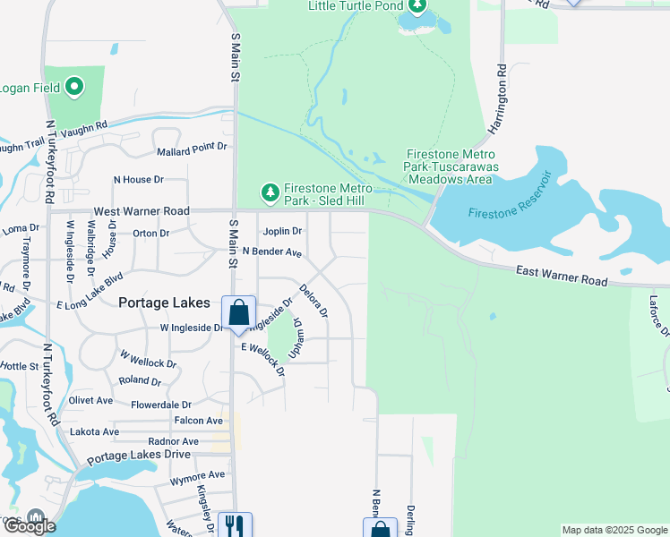 map of restaurants, bars, coffee shops, grocery stores, and more near 156 East Ingleside Drive in Akron