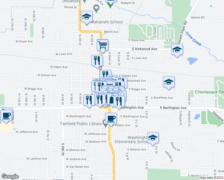 map of restaurants, bars, coffee shops, grocery stores, and more near 123 North Main Street in Fairfield