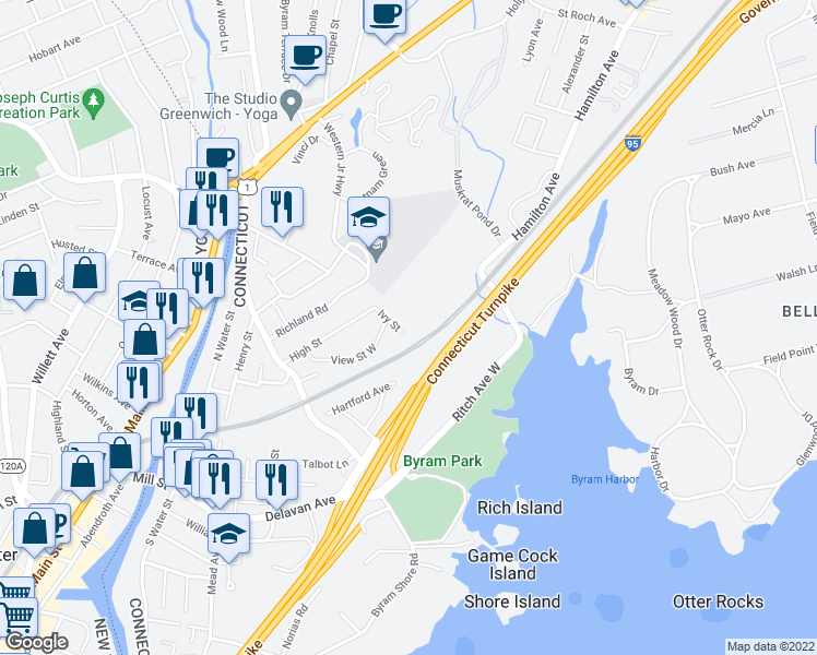 map of restaurants, bars, coffee shops, grocery stores, and more near 66 Ivy Street in Greenwich