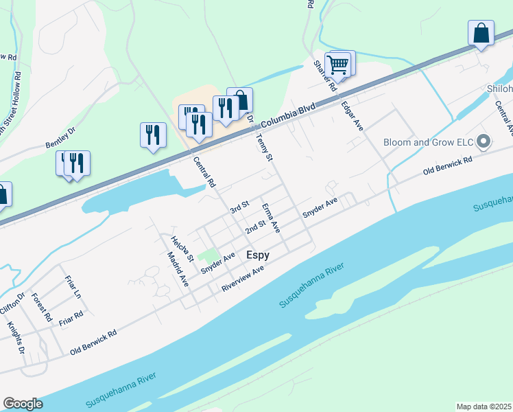 map of restaurants, bars, coffee shops, grocery stores, and more near 2450 3rd St in Bloomsburg