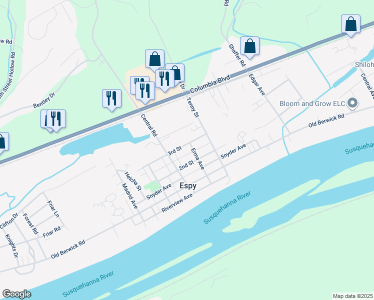map of restaurants, bars, coffee shops, grocery stores, and more near 2450 3rd St in Bloomsburg