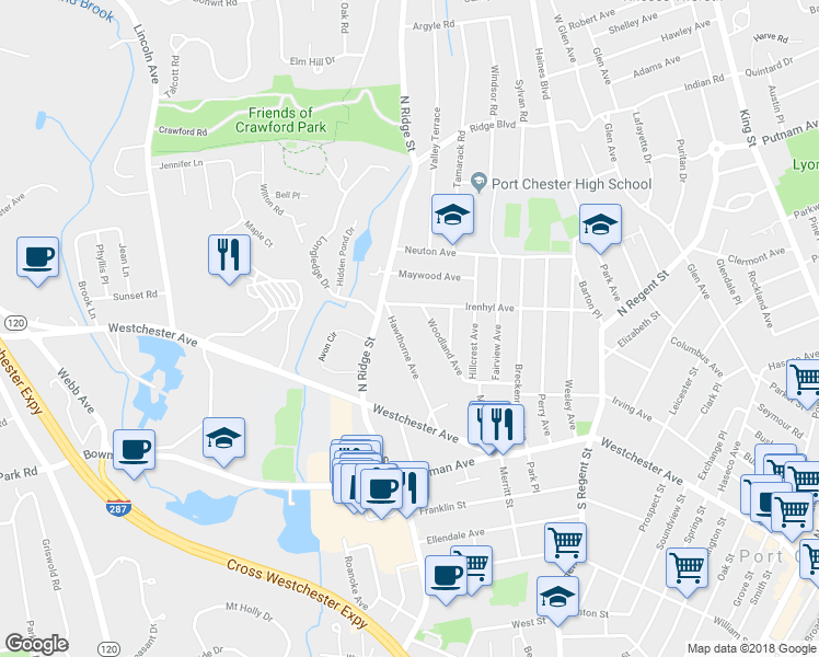 map of restaurants, bars, coffee shops, grocery stores, and more near 42 Hawthorne Avenue in Rye Brook