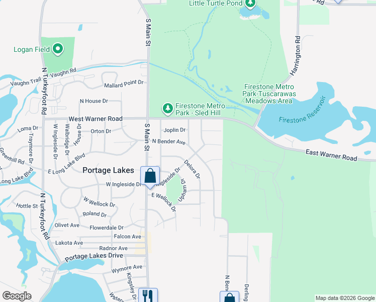 map of restaurants, bars, coffee shops, grocery stores, and more near 2730 Bender Avenue in Akron