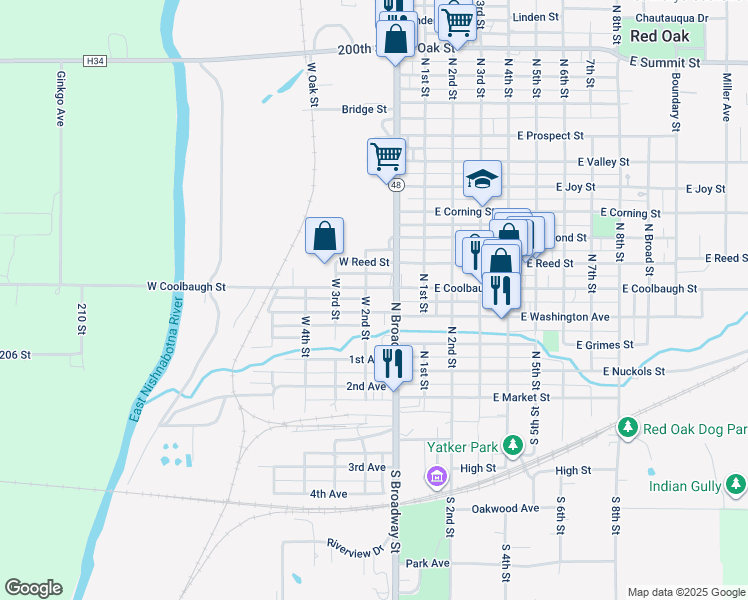 map of restaurants, bars, coffee shops, grocery stores, and more near 400 West 2nd Street in Red Oak