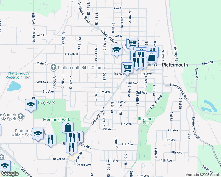 map of restaurants, bars, coffee shops, grocery stores, and more near 319 South 9th Street in Plattsmouth
