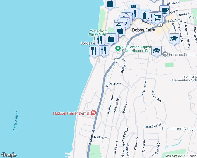 map of restaurants, bars, coffee shops, grocery stores, and more near 115 Broadway in Dobbs Ferry