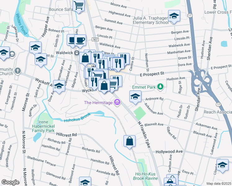 map of restaurants, bars, coffee shops, grocery stores, and more near 9 Franklin Turnpike in Waldwick