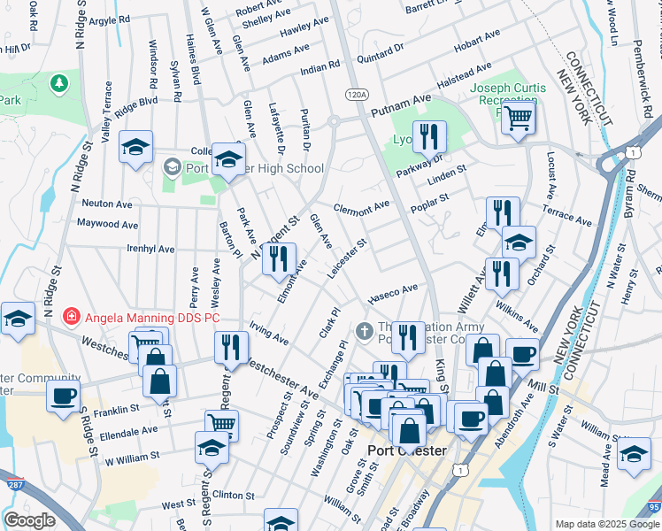 map of restaurants, bars, coffee shops, grocery stores, and more near 100 Leicester Street in Port Chester