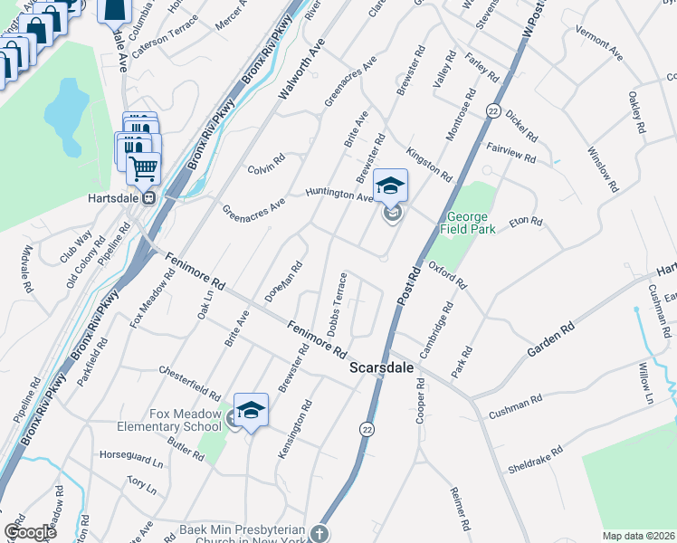 map of restaurants, bars, coffee shops, grocery stores, and more near 29 Dobbs Terrace in Scarsdale