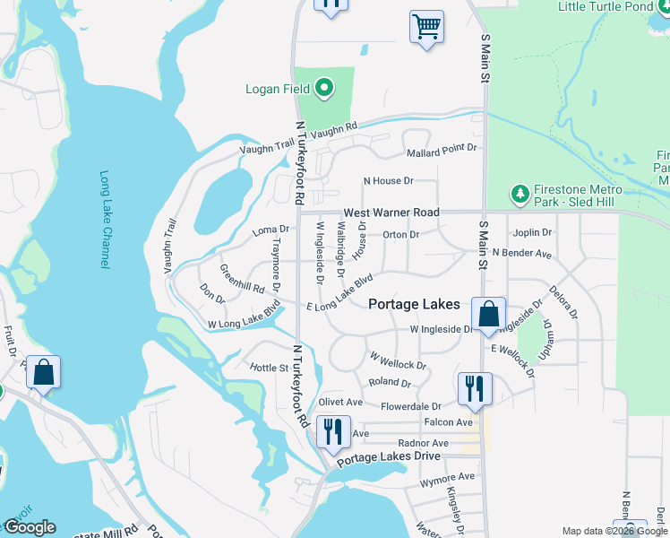 map of restaurants, bars, coffee shops, grocery stores, and more near 2992 Walbridge Drive in Akron