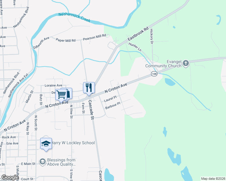 map of restaurants, bars, coffee shops, grocery stores, and more near 1328 North Croton Avenue in New Castle