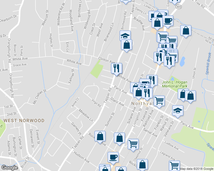 map of restaurants, bars, coffee shops, grocery stores, and more near 400 Paris Avenue in Northvale