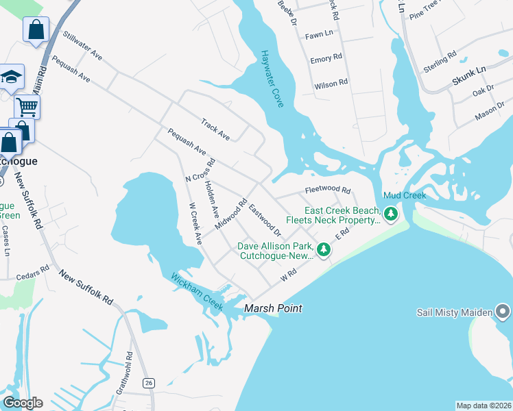 map of restaurants, bars, coffee shops, grocery stores, and more near 195 Eastwood Drive in Cutchogue