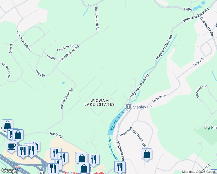 map of restaurants, bars, coffee shops, grocery stores, and more near Woodruff Ln in Stroudsburg