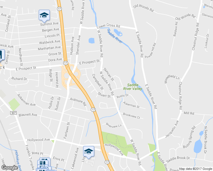 map of restaurants, bars, coffee shops, grocery stores, and more near 32 West Saddle River Road in Waldwick