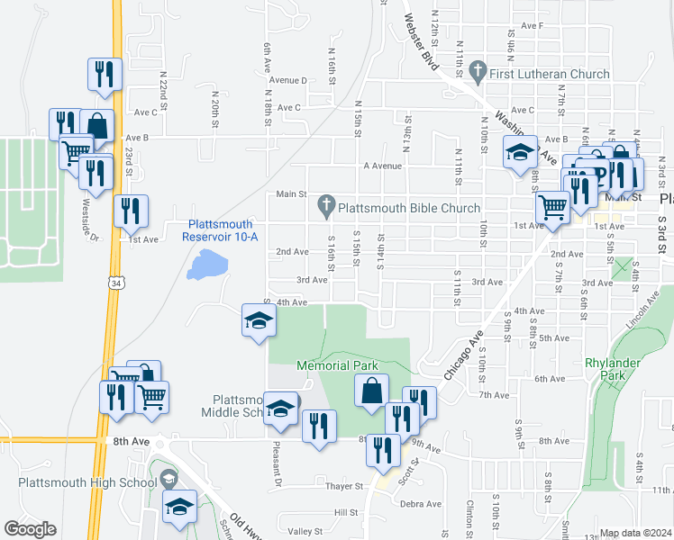 map of restaurants, bars, coffee shops, grocery stores, and more near 319 South 16th Street in Plattsmouth