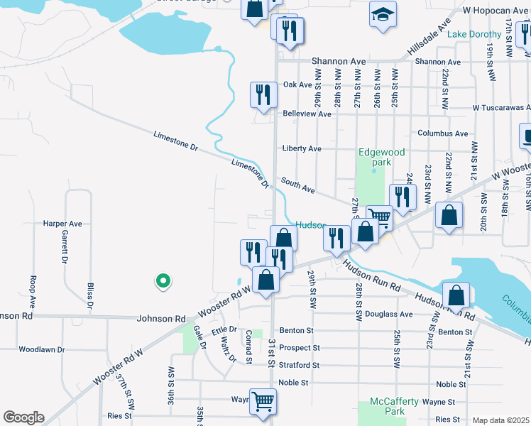 map of restaurants, bars, coffee shops, grocery stores, and more near 98 31st Street in Barberton