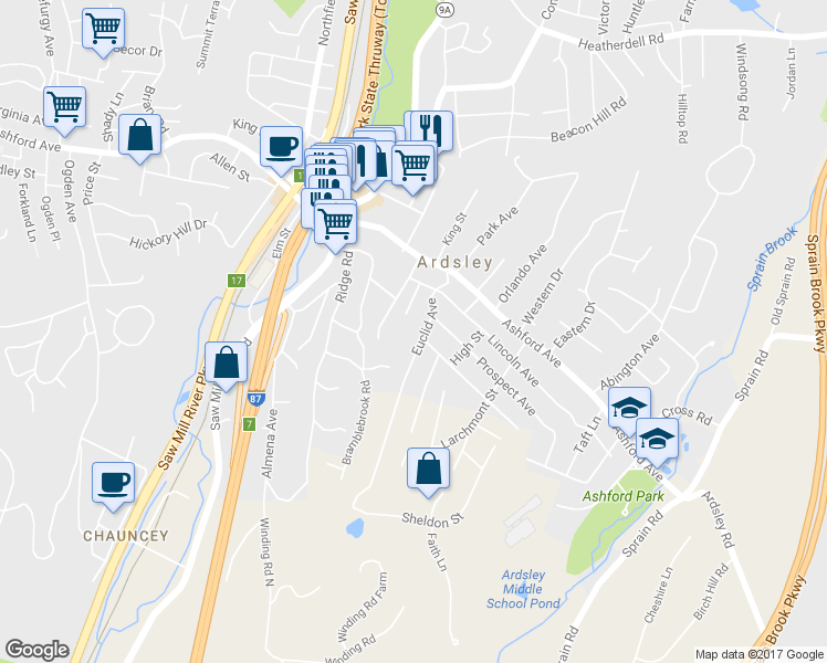 map of restaurants, bars, coffee shops, grocery stores, and more near 30 Euclid Avenue in Ardsley