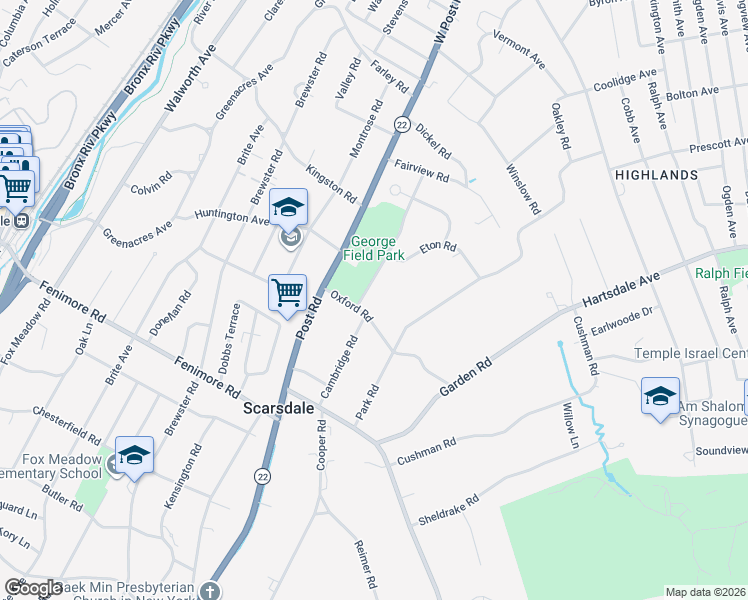 map of restaurants, bars, coffee shops, grocery stores, and more near 2 Greendale Road in Scarsdale
