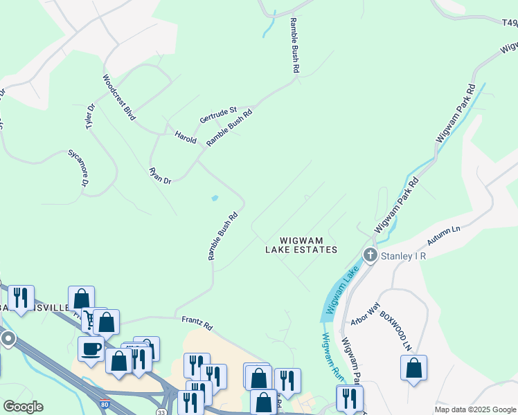 map of restaurants, bars, coffee shops, grocery stores, and more near 2213 Pinewood Lane in Stroudsburg