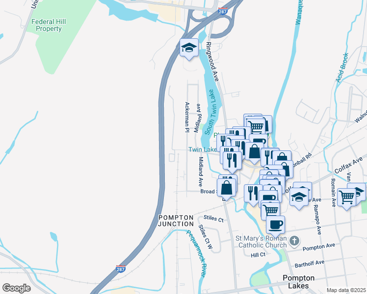 map of restaurants, bars, coffee shops, grocery stores, and more near 336 Ackerman Place in Pompton Lakes