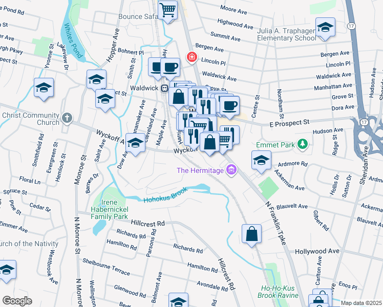 map of restaurants, bars, coffee shops, grocery stores, and more near 22 Wyckoff Avenue in Waldwick