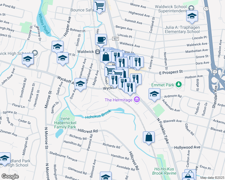 map of restaurants, bars, coffee shops, grocery stores, and more near 22 Wyckoff Ave in Waldwick