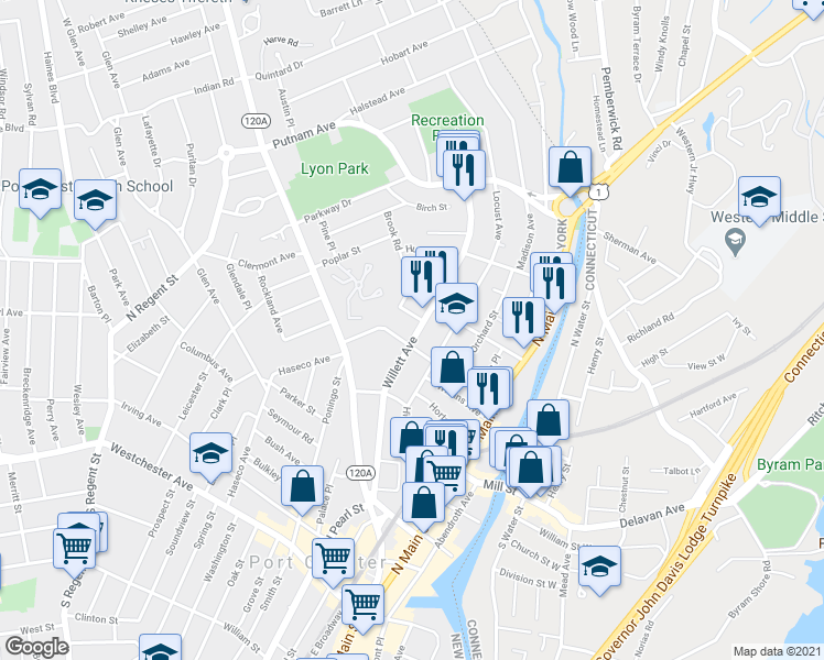 map of restaurants, bars, coffee shops, grocery stores, and more near 350 Willett Avenue in Port Chester