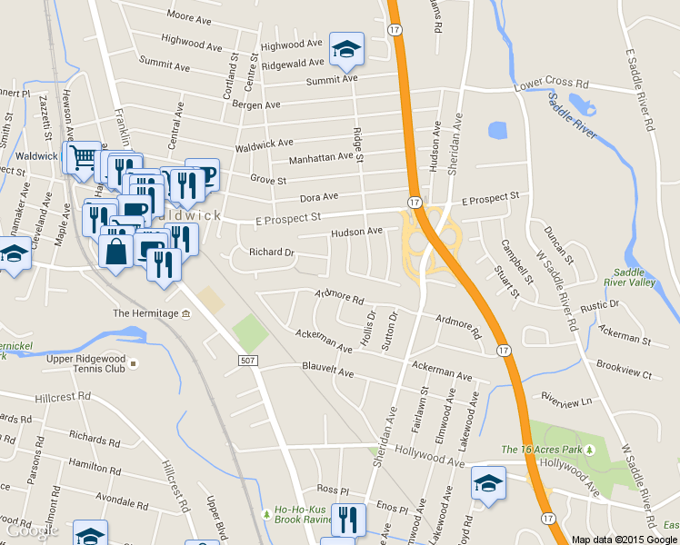 map of restaurants, bars, coffee shops, grocery stores, and more near 66 Donald Place in Waldwick