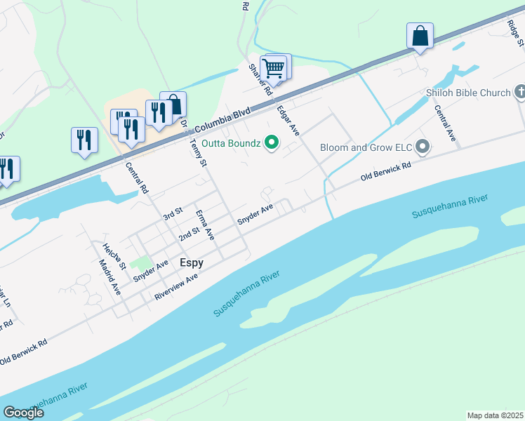 map of restaurants, bars, coffee shops, grocery stores, and more near 2612 Snyder Ave in Bloomsburg