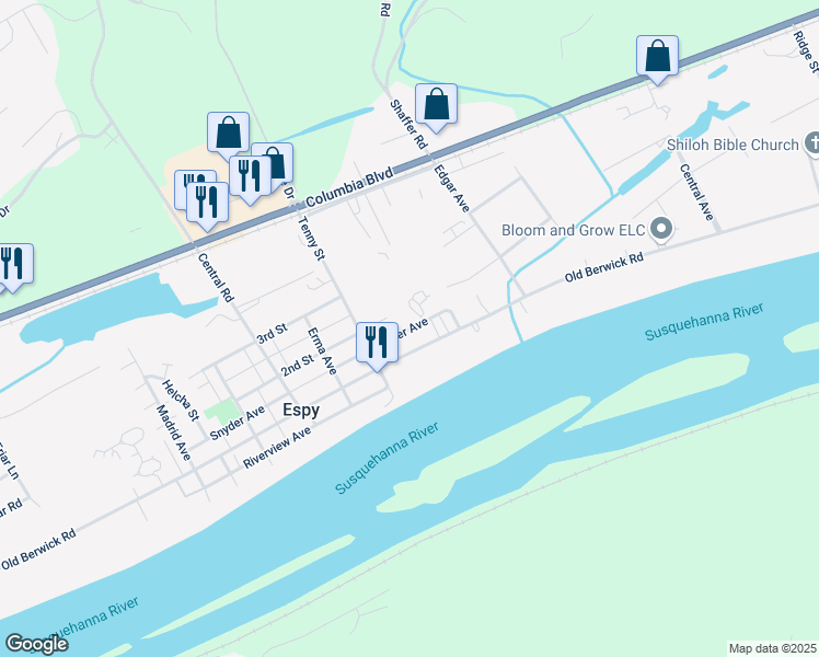 map of restaurants, bars, coffee shops, grocery stores, and more near 2612 Snyder Ave in Bloomsburg