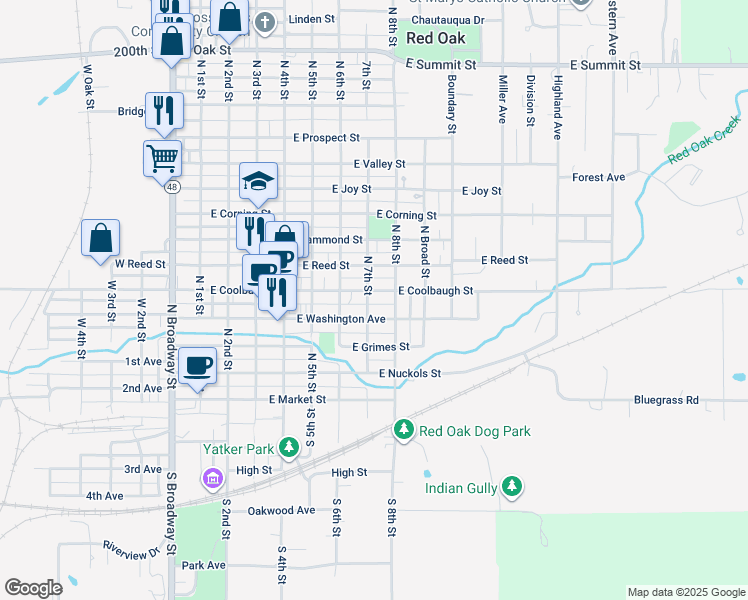 map of restaurants, bars, coffee shops, grocery stores, and more near 411 North 7th Street in Red Oak