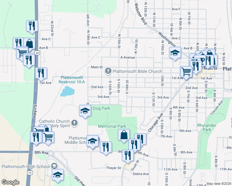 map of restaurants, bars, coffee shops, grocery stores, and more near 319 South 16th Street in Plattsmouth