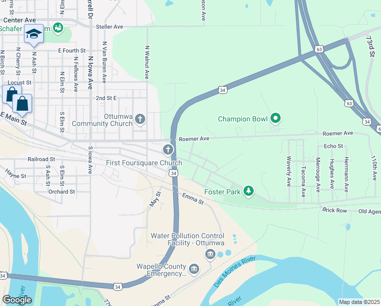 map of restaurants, bars, coffee shops, grocery stores, and more near North Street in Ottumwa