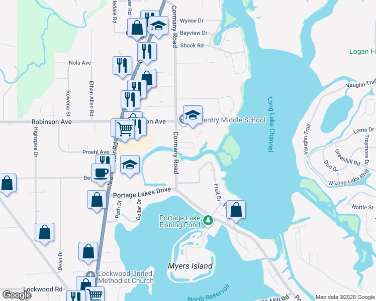 map of restaurants, bars, coffee shops, grocery stores, and more near 3315 Cormany Road in Akron