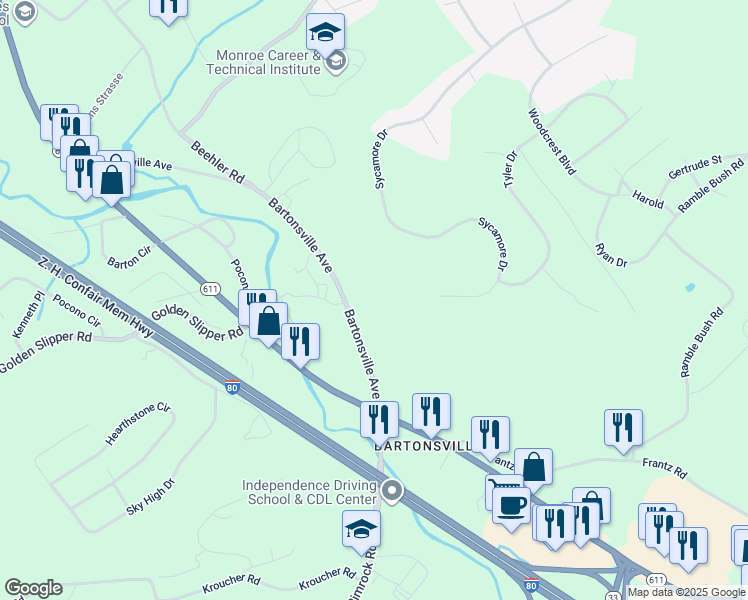 map of restaurants, bars, coffee shops, grocery stores, and more near 2854 Bartonsville Avenue in Monroe County