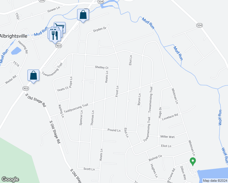 map of restaurants, bars, coffee shops, grocery stores, and more near 57 Frost Lane in Albrightsville