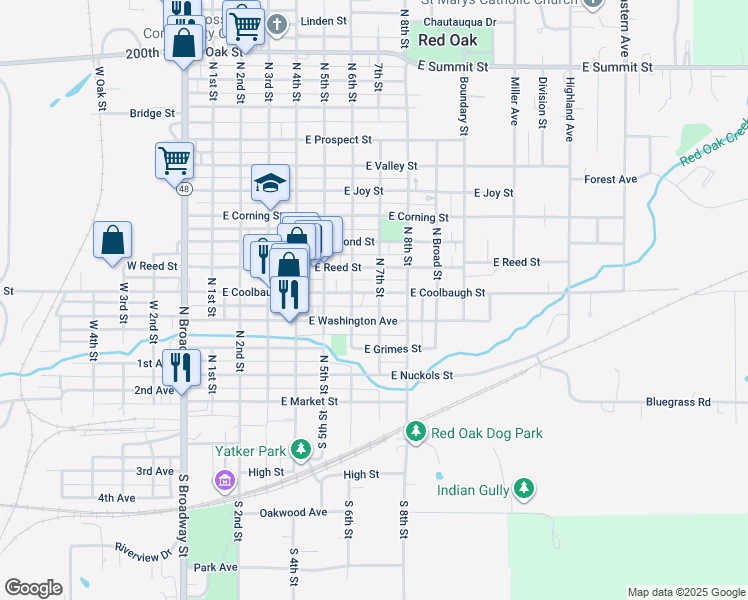 map of restaurants, bars, coffee shops, grocery stores, and more near 411 North 7th Street in Red Oak