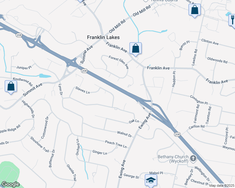 map of restaurants, bars, coffee shops, grocery stores, and more near 283 Tortoise Lane in Franklin Lakes