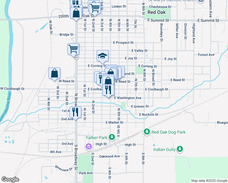 map of restaurants, bars, coffee shops, grocery stores, and more near 410 East Coolbaugh Street in Red Oak