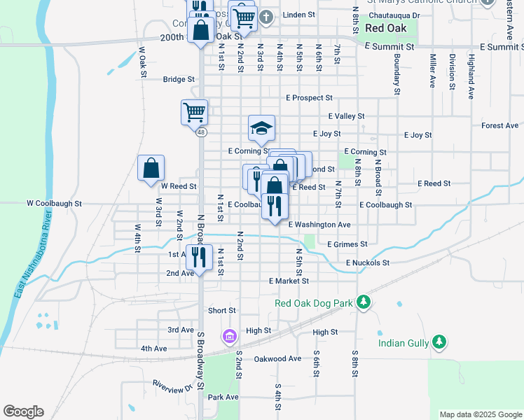 map of restaurants, bars, coffee shops, grocery stores, and more near 300 East Coolbaugh Street in Red Oak