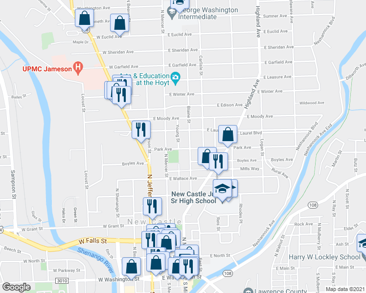 map of restaurants, bars, coffee shops, grocery stores, and more near 119 Park Avenue in New Castle