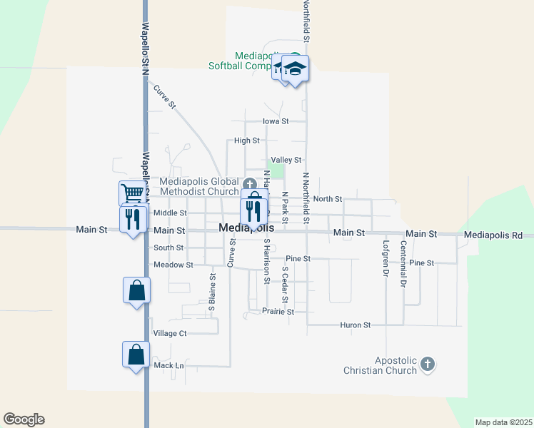 map of restaurants, bars, coffee shops, grocery stores, and more near Middle Street in Mediapolis