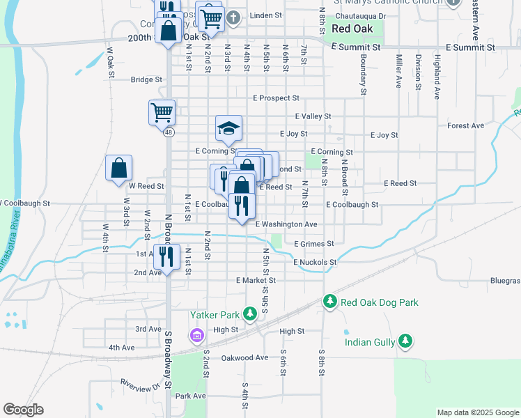 map of restaurants, bars, coffee shops, grocery stores, and more near 410 East Coolbaugh Street in Red Oak