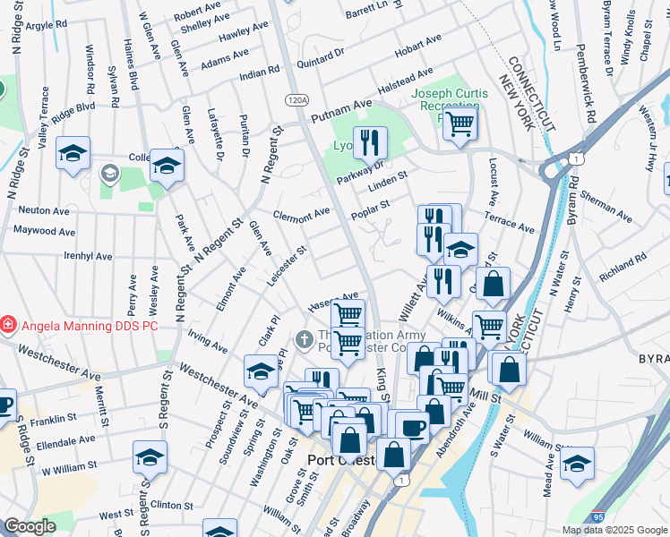 map of restaurants, bars, coffee shops, grocery stores, and more near 25 Summer Street in Port Chester