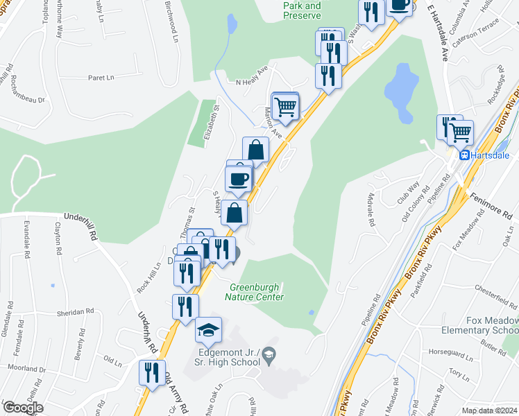map of restaurants, bars, coffee shops, grocery stores, and more near 340 Central Park Avenue in Scarsdale