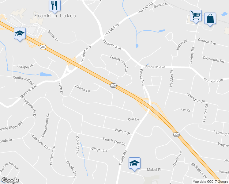 map of restaurants, bars, coffee shops, grocery stores, and more near 283 Tortoise Lane in Franklin Lakes